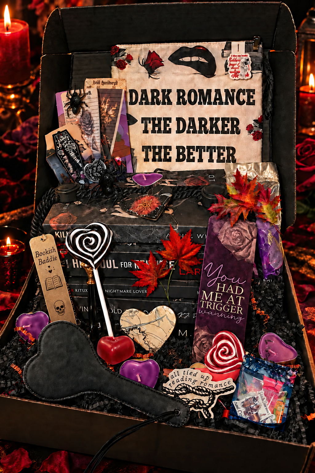 Fall Vibes Halloween Book Box: dark & spicy reads, candy, spa, cup, toy