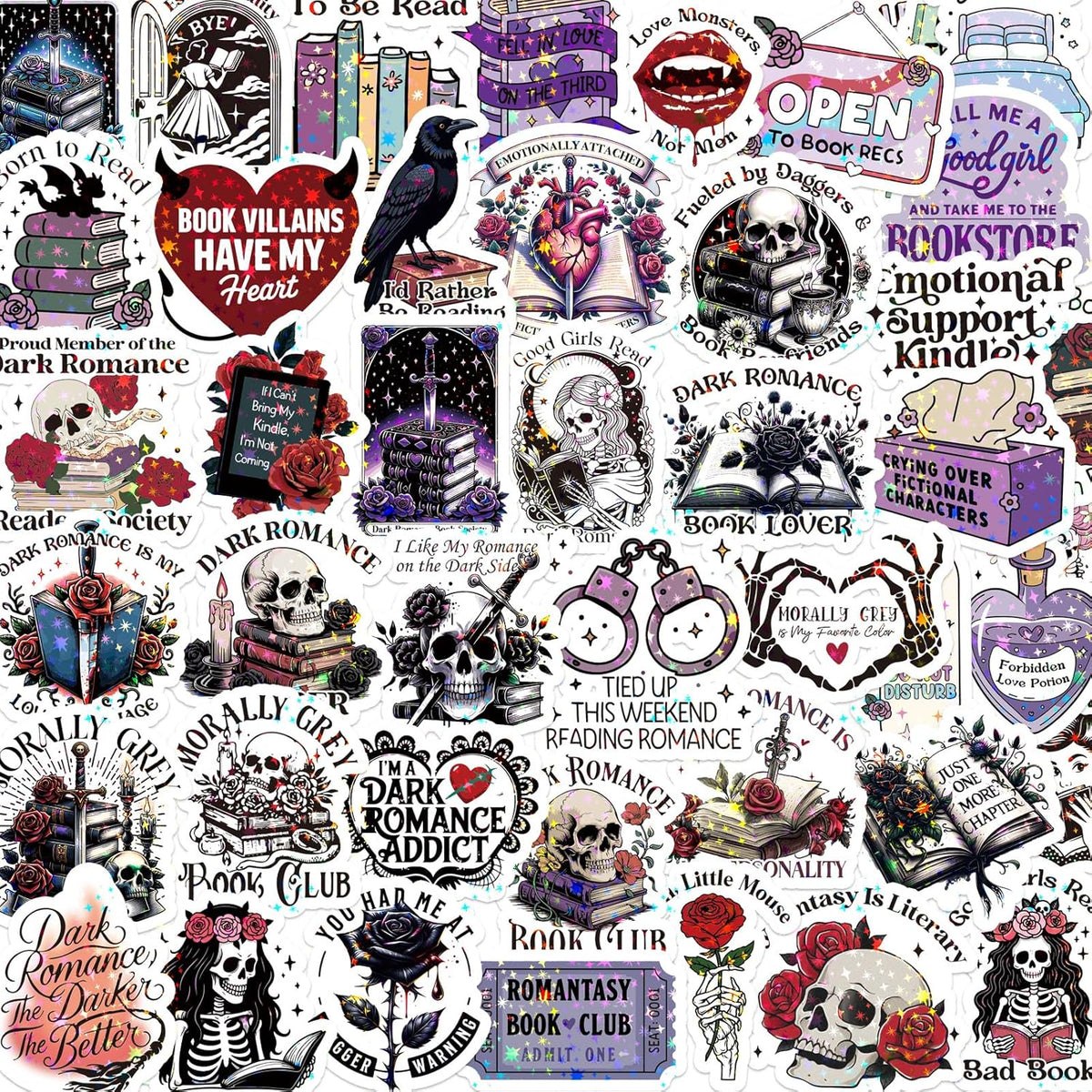 10-50 PCS Smutty Dark Romance Book Stickers for Kindle, Notebook, Bookish Reader Themed Sticker Pack Waterproof, Holographic (see bulk rate)