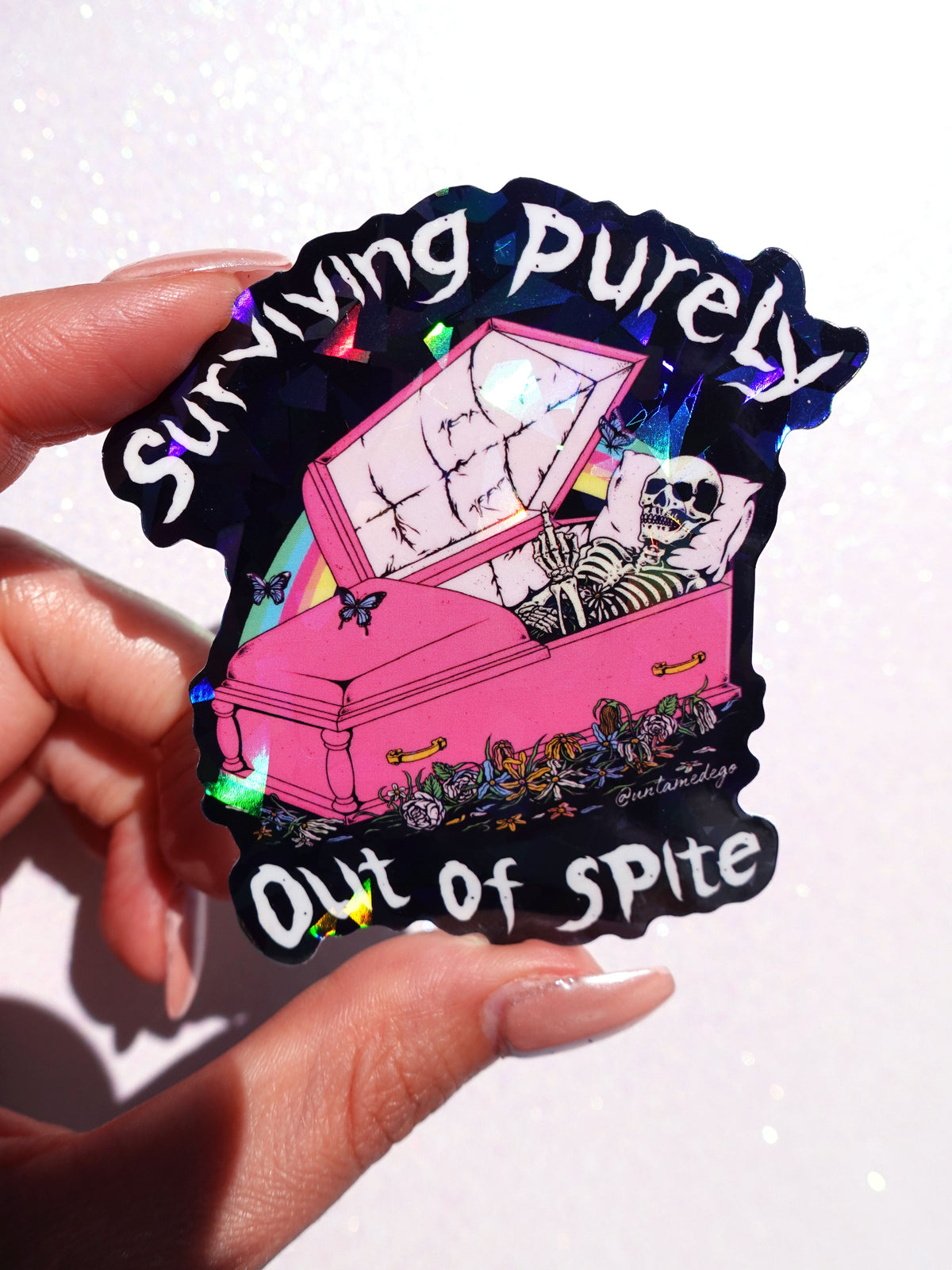 Surviving Purely Out of Spite Sticker – Funny Gothic Glitter Vinyl Sticker
