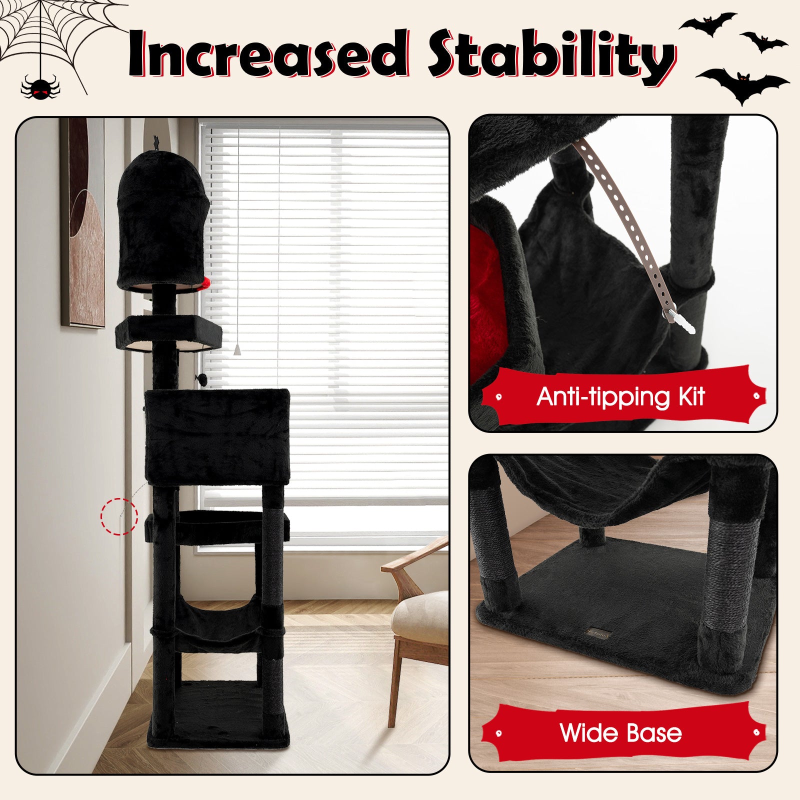 Gothic Cat Tree with 2 Cat Condos and Coffin Bed for Indoor Cats-Black